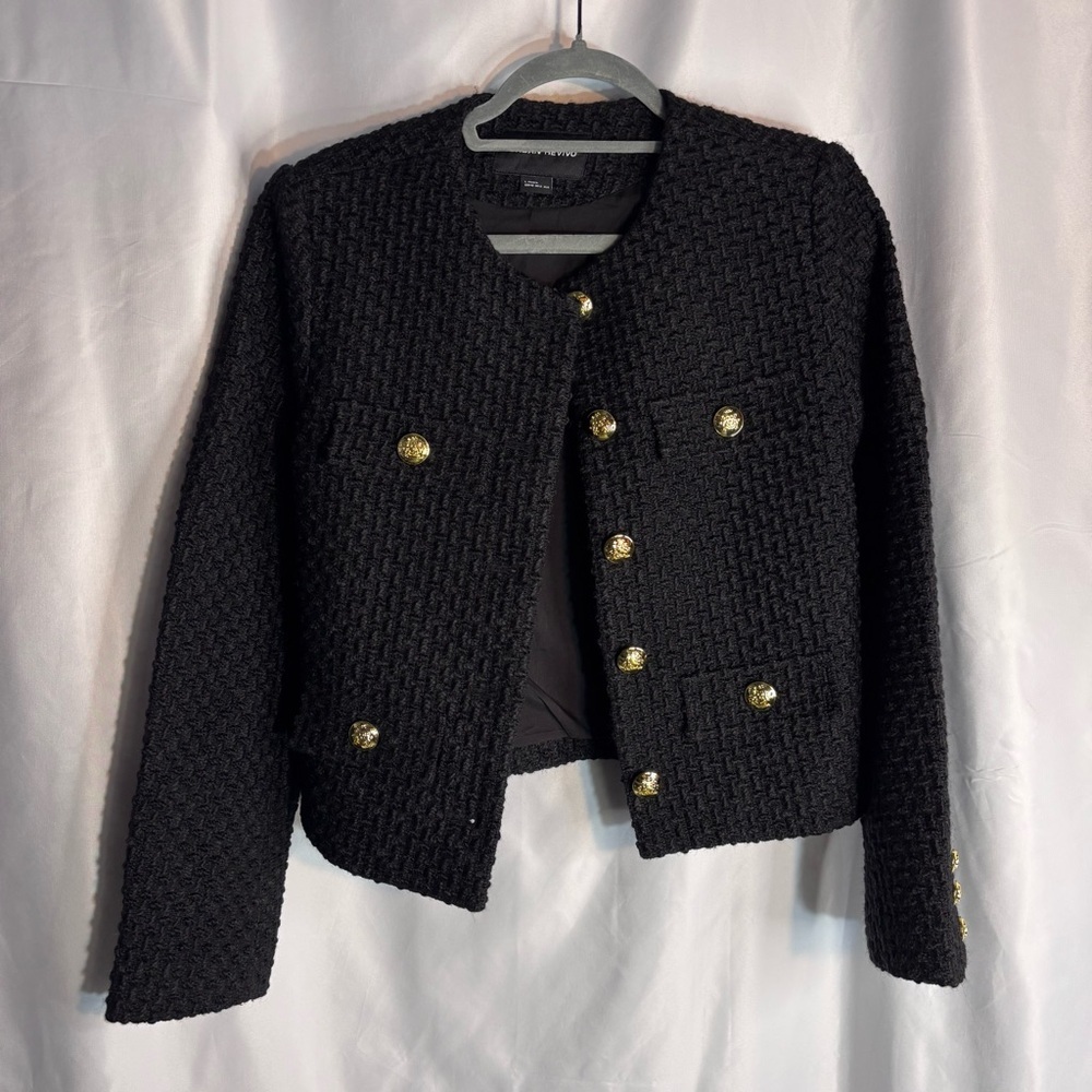 URBAN REVIVO Sz L Tweed Jacket with Gold Buttons Lined Shoulder Pads Textured